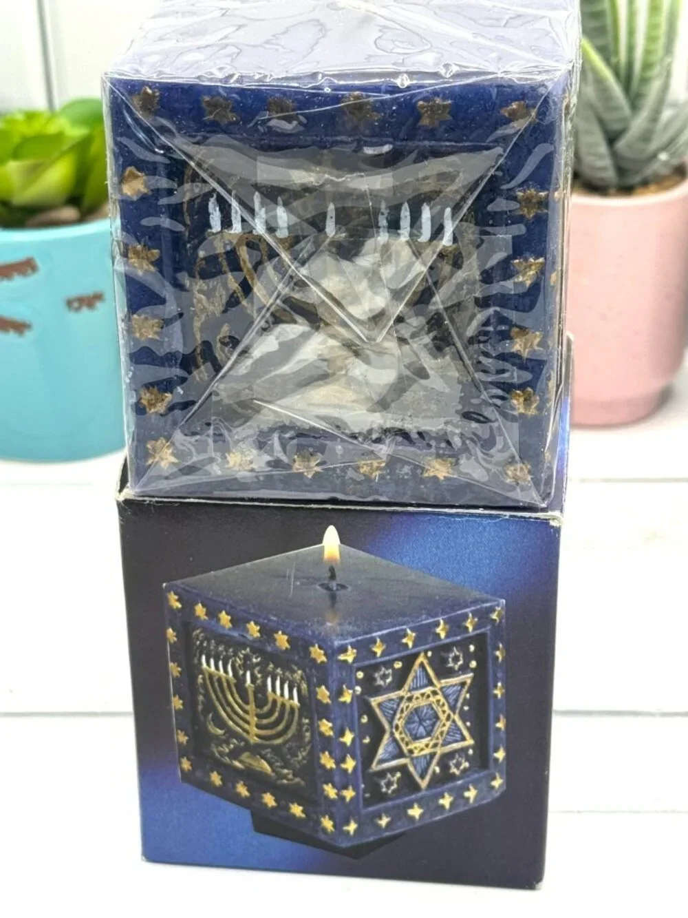 Hanukkah Square Cube Candle With Star Of David & Menorah Design